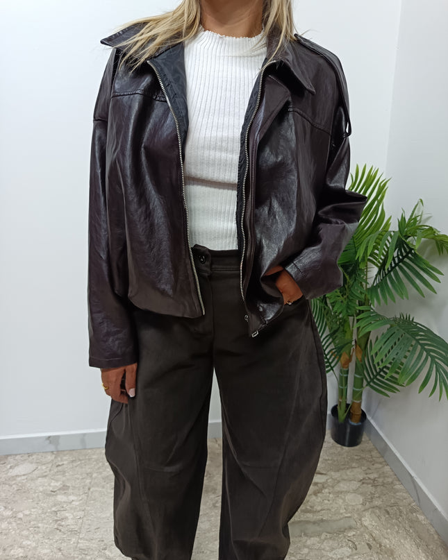 GIACCA  OVERSIZE IN SIMILPELLE MARRONE