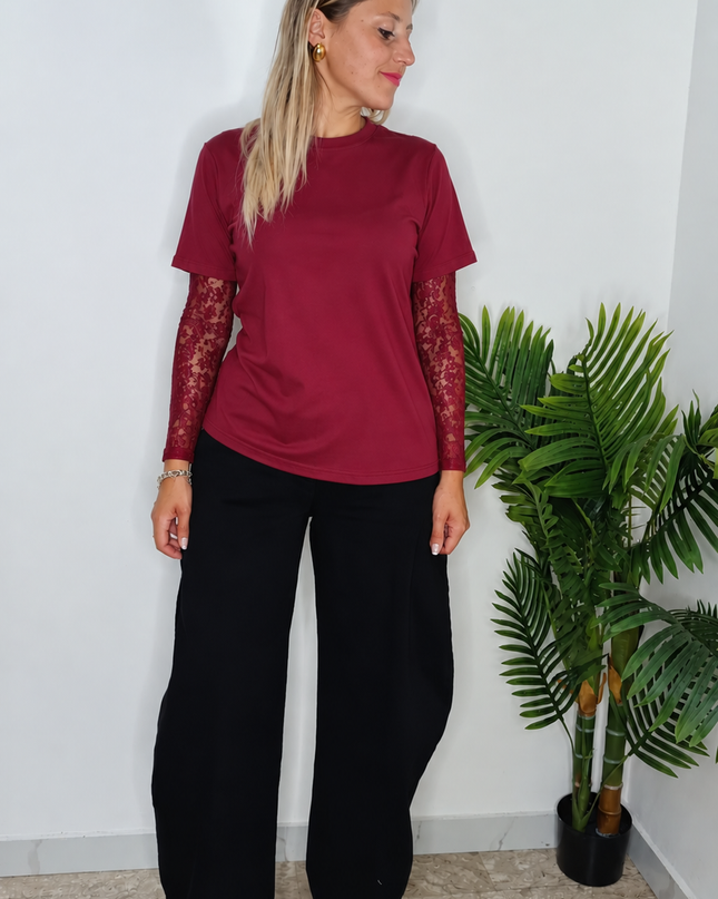 T -SHIRT MANICA IN PIZZO