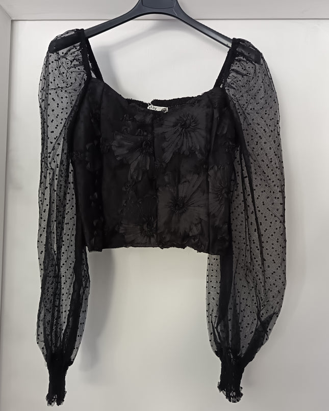 Top corto in chiffon velato con pallini in rilievo e increspature